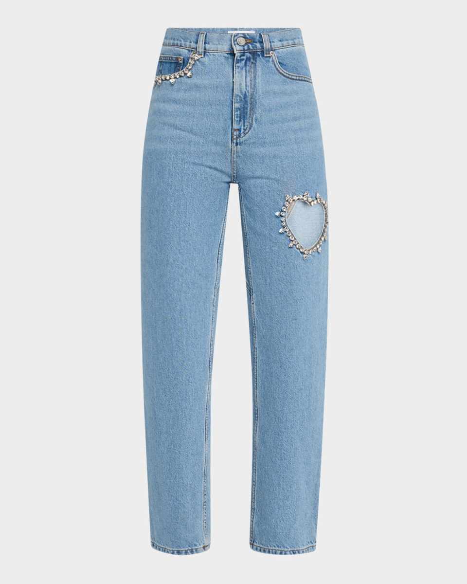 Crystal Heart Cutout Straight-Leg Ankle Jeans
